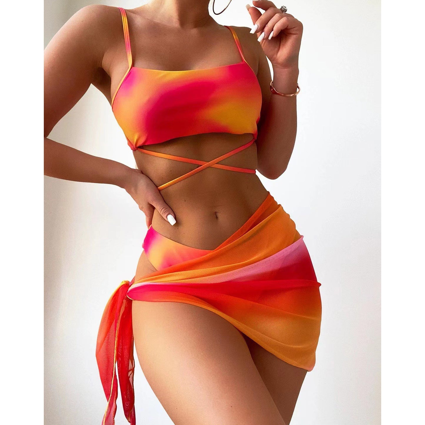 Tie dye bikini swimsuit women's three piece set mesh skirt split bikini swimsuit