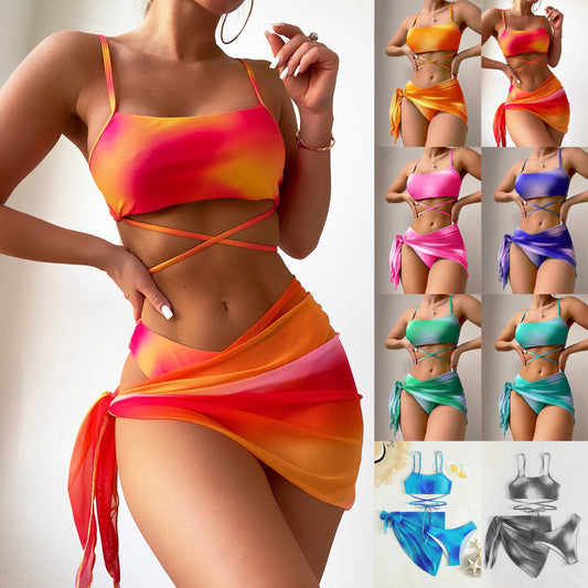 Tie dye bikini swimsuit women's three piece set mesh skirt split bikini swimsuit