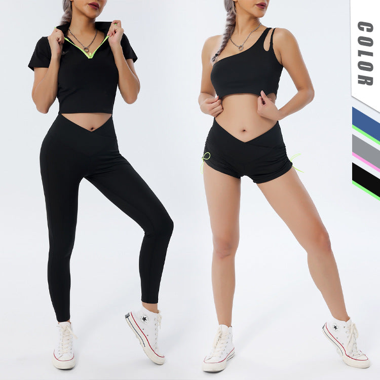 European and American yoga suit set, single shoulder bra, zipper, short sleeves, hip lifting shorts, long pants, fitness