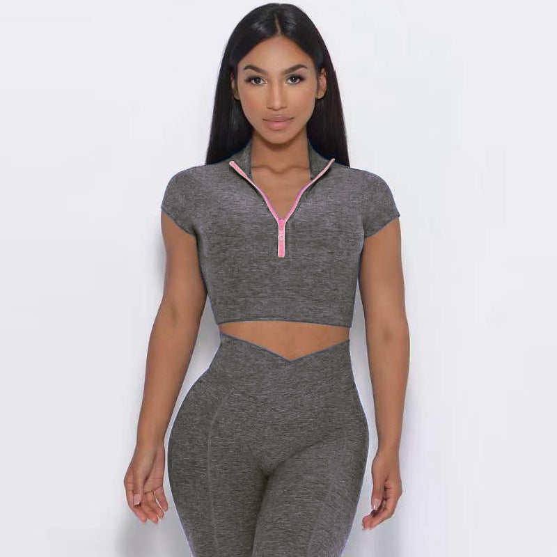 European and American yoga suit set, single shoulder bra, zipper, short sleeves, hip lifting shorts, long pants, fitness