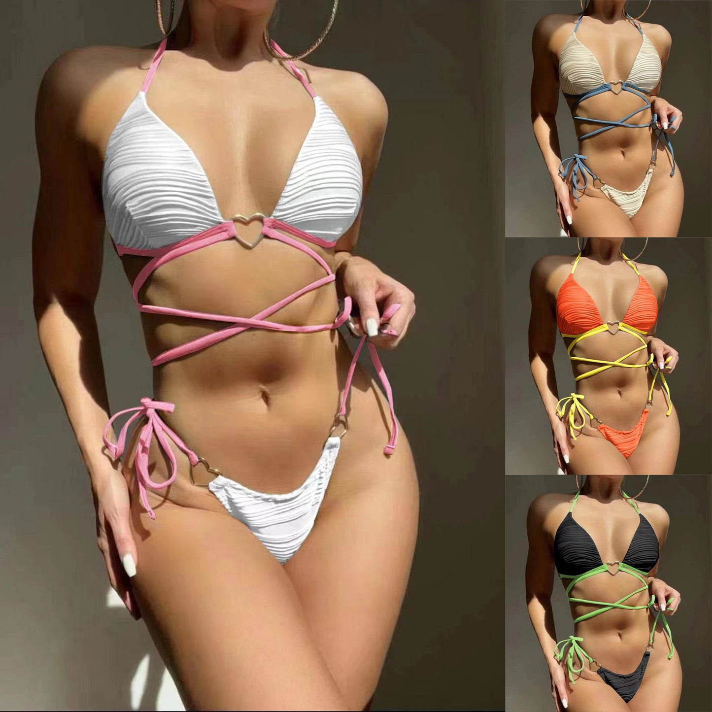 Split hard cup bikini heart drawstring strap bikini swimsuit women's sexy swimsuit