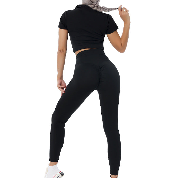 European and American yoga suit set, single shoulder bra, zipper, short sleeves, hip lifting shorts, long pants, fitness